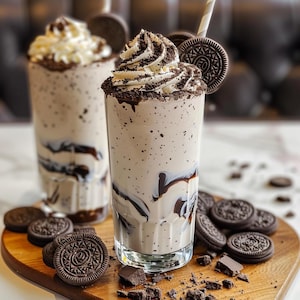 May include: Two tall glasses of a creamy milkshake, garnished with whipped cream, chocolate syrup, and chocolate sandwich cookies. The milkshakes are on a wooden serving board with scattered cookies and chocolate pieces.
