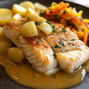 May include: A plate of pan-seared fish fillets with golden-brown edges, served with roasted potatoes and a side of colorful shredded carrots. The fish sits in a light yellow sauce, garnished with fresh herbs.