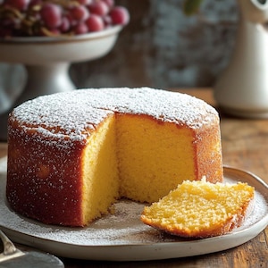 Puede incluir: Un pastel redondo de color amarillo dorado, espolvoreado con azúcar glas, con una rebanada cortada y colocada en un plato. El pastel está sobre un plato moteado. Se ve un utensilio para servir. Uvas y un jarrón en el fondo.