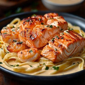 May include: A plate of pasta with grilled salmon and prawns. The salmon is reddish-orange, and the prawns are pink. The pasta is coated in a creamy sauce and garnished with fresh herbs. The black plate sits on a wooden surface.