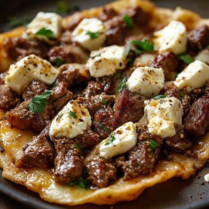 Peut inclure: Gros plan d'un plat savoureux avec une base dorée, garni de viande hachée assaisonnée, de morceaux de viande et de fromage blanc crémeux. Garnie d'herbes vertes fraîches, la préparation est servie sur une assiette sombre.