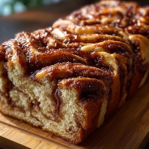 Könnte beinhalten: Ein Laib frisch gebackenes Zimtschneckenbrot mit Teigschichten und einer glänzenden Glasur. Das Brot liegt auf einem Holzbrett und zeigt seine goldbraune Kruste und einladende Textur. Ein köstlicher Genuss.
