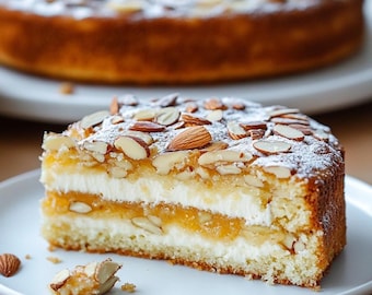 Receta de pastel de capas de crema de almendras: relleno de mermelada de albaricoque (Descargar PDF)