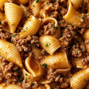 May include: Close-up of a pasta dish with shell-shaped pasta and ground meat in a creamy sauce. The pasta is golden brown, and the meat is mixed with herbs. A delicious and hearty meal.
