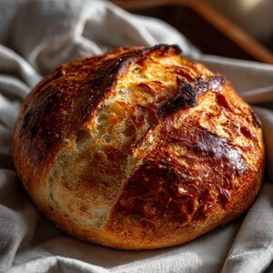 Könnte beinhalten: Ein rundes, frisch gebackenes Brot mit goldbrauner Kruste, das auf einem hellgrauen Leinentuch liegt. Die Oberfläche des Brotes hat ein strukturiertes Aussehen mit sichtbaren Einschnitten, was auf einen rustikalen, handwerklichen Stil hindeutet. Das Brot hat eine warme Farbe.