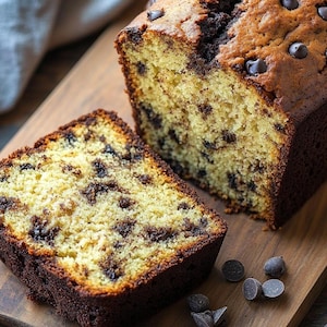 May include: A sliced loaf of chocolate chip bread on a wooden cutting board. The bread has a golden-yellow interior with dark chocolate chips throughout. The crust is a rich brown color. Several chocolate chips are scattered around the bread.