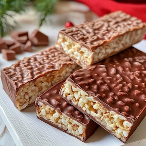 May include: A stack of chocolate-covered rice crispy treats. The treats have a dark chocolate coating with a textured surface and a light-coloured, crispy rice interior. Chocolate pieces and festive decorations are in the background.