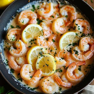 Könnte beinhalten: Eine Pfanne mit gekochten Garnelen in einer cremigen Sauce mit Zitronenscheiben und gehackter Petersilie. Die Garnelen sind rosa und orange, und die Zitronen sind gelb. Das Gericht befindet sich in einer schwarzen Pfanne auf einer Holzoberfläche.