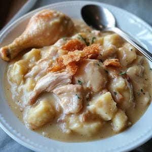 May include: A close-up shot of a plate of chicken and dumplings. The dish features a chicken leg, large dumplings, shredded chicken, and a creamy gravy. Garnished with crispy fried onions, the meal is served on a white plate with a silver spoon.