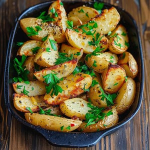 Può includere: Primo piano di spicchi di patate arrosto in un piatto nero, guarniti con prezzemolo fresco. Le patate sono dorate e condite con erbe e spezie, creando una presentazione rustica e appetitosa. Il piatto è appoggiato su una superficie di legno.
