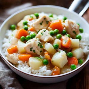 Op de afbeelding: Een witte kom gevuld met een stoofpot van kip en groenten geserveerd op witte rijst. De stoofpot bevat stukjes kip, oranje wortelen, groene erwten en aardappelen, gegarneerd met verse kruiden.