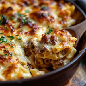 May include: A close-up of a baked pasta dish with a wooden spoon. The dish contains penne pasta, minced meat, and a melted, golden-brown cheese topping, garnished with fresh green herbs.