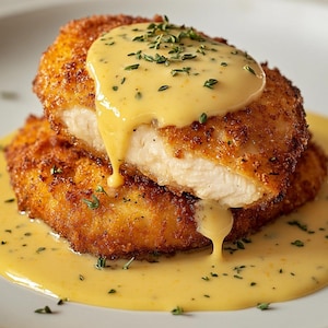 May include: A close-up of two pieces of fried chicken, golden brown and crispy, stacked on top of each other. A creamy yellow sauce, speckled with herbs, is drizzled over the chicken and pools on the plate. The chicken is cut to reveal the white meat.