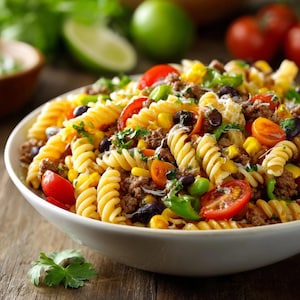 Puede incluir: Un cuenco blanco lleno de ensalada de pasta colorida. La ensalada incluye pasta en espiral, tomates cherry, frijoles negros, maíz, carne picada y pimientos verdes. Cilantro fresco y queso rallado espolvoreado por encima. Limas y tomates en el fondo.