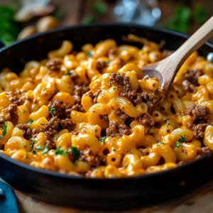 Puede incluir: Primer plano de una sartén llena de macarrones con queso y carne picada. Los macarrones están cubiertos con una salsa de queso naranja brillante y mezclados con carne picada dorada. Una cuchara de madera está en la sartén.