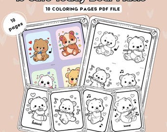 Teddy Bear Music Coloring Pages | Kawaii Animal Art (PDF)