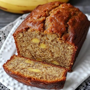 Op de afbeelding: Een gesneden bananenbrood op een witte rechthoekige schaal. Het brood heeft een goudbruine korst en zichtbare stukjes banaan. Een hele banaan staat op de achtergrond. Het brood is een gebakken dessert.
