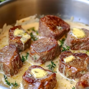 May include: Close-up of seared beef medallions in a stainless steel pan, simmering in a creamy sauce. Each medallion is topped with butter and garnished with fresh herbs. A culinary dish, ready to serve.