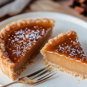 Può includere: Due fette di crostata al caramello su un piatto bianco con una forchetta d'argento. Le crostate hanno una crosta dorata e una copertura di caramello lucida, spolverata di zucchero a velo. Lo sfondo è sfocato.