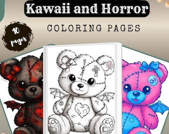 Creepy Cute Teddy Bear Coloring Page | Gothic Horror Kawaii (PDF Pattern)