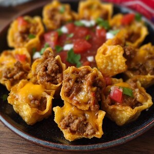May include: A close-up shot of a plate of mini taco cups filled with seasoned ground meat and melted cheddar cheese. The golden-brown cups are arranged around a central bowl of salsa, garnished with fresh cilantro and diced tomatoes. A delicious appetizer.