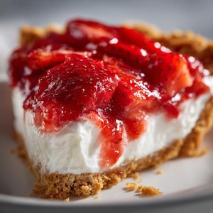 May include: A slice of strawberry cheesecake on a white plate. The dessert features a graham cracker crust, a creamy white filling, and a topping of fresh, glazed strawberries. The colors are red, white, and brown.