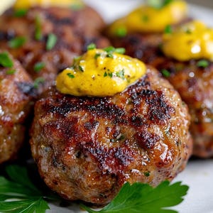 以下が含まれることがあります： 黄色いマスタードがトッピングされた、調理済みのミートボールのクローズアップ。ミートボールは茶色で、表面にテクスチャがあり、緑色のパセリの上に置かれています。画像は明るく、食べ物の詳細が強調されています。