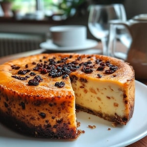 May include: A round cheesecake with a golden-brown crust and a creamy, light-colored filling. The top is sprinkled with dark, dried fruit. A slice has been cut from the cake, revealing the interior texture. The cake sits on a white plate.