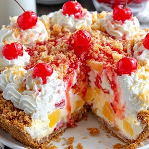 May include: A slice of a fruit pie with a graham cracker crust, filled with a creamy custard and fruit, topped with whipped cream, a cherry, and a drizzle of red sauce. The pie is on a white plate.