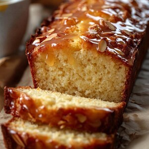 Può includere: Una torta a forma di pan di Spagna a fette con una glassa dorata e mandorle a scaglie. La torta è presentata su carta da forno. Una tazza da tè è visibile sullo sfondo, suggerendo un dessert.
