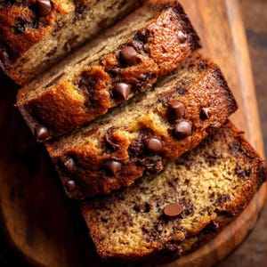 Puede incluir: Rebanadas de pan de plátano con chispas de chocolate, sobre una tabla de madera. La corteza es dorada y el interior suave y húmedo, con chispas visibles. La imagen destaca la textura y los detalles del pan.