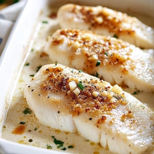 May include: Three baked fish fillets in a white ceramic baking dish. The fillets are topped with a golden-brown, seasoned crust and sit in a creamy sauce. Fresh herbs are sprinkled around the edges of the dish.