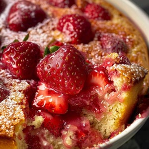 Puede incluir: Primer plano de un cobbler de fresas en un plato blanco. El cobbler tiene una corteza dorada, está cubierto con fresas frescas de color rojo brillante y espolvoreado con azúcar glas. Se ha quitado una rebanada, revelando el relleno jugoso.