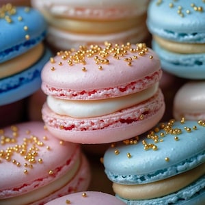 Puede incluir: Primer plano de macarons variados en colores pastel. Macarons rosas, azules y crema están apilados, algunos con chispas doradas. Los macarons tienen un relleno cremoso y están dispuestos en una pila, mostrando su delicada textura.