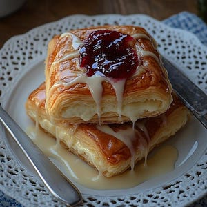 Peut inclure: Deux pâtisseries carrées feuilletées, garnies de crème et garnies de confiture rouge et de glaçage blanc. Les pâtisseries sont sur une assiette blanche à bord décoratif, avec un couteau et une fourchette.