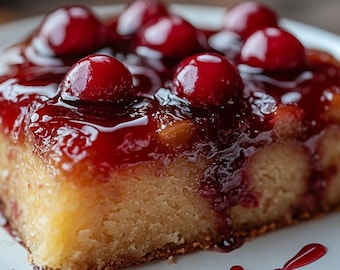 Receta en PDF de pastel invertido de cerezas y almendras, postre casero fácil, pastel de cerezas húmedo, receta de pastel estilo panadería, guía de repostería imprimible