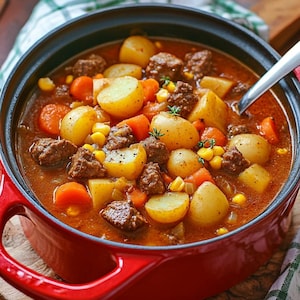 May include: A hearty stew in a red cast iron pot. The stew contains chunks of beef, potatoes, carrots, and corn in a rich, brown broth. A silver spoon rests in the stew. The pot sits on a wooden cutting board with a checkered cloth.