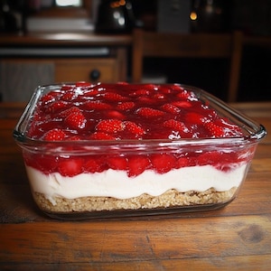 May include: A layered dessert in a clear glass dish. The bottom layer is a crumbly crust, followed by a creamy white layer, and topped with a vibrant red strawberry topping. The dessert is on a wooden surface.