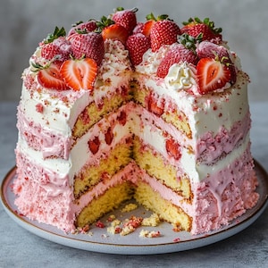 Può includere: Una torta a strati alle fragole con una fetta tagliata, che rivela l'interno. La torta presenta strati di pan di spagna giallo, glassa bianca, accenti di glassa rosa e fragole fresche. È presentata su un piatto grigio.
