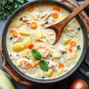May include: Overhead shot of a creamy seafood chowder in a dark gray bowl with a wooden spoon. The chowder contains shrimp, chicken, potatoes, carrots, and herbs. Fresh kale, leeks, and an onion are on the side.
