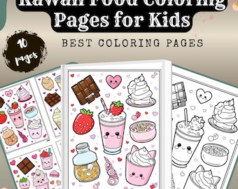 Dibujos de comida kawaii para colorear / Diseños de postres adorables (Descarga digital)