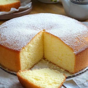 Pode incluir: Um bolo redondo, amarelo dourado, polvilhado com açúcar de confeiteiro, com uma fatia cortada. O bolo está em um prato de prata, com uma fatia de bolo em um prato separado no fundo. Uma faca está ao lado do bolo.