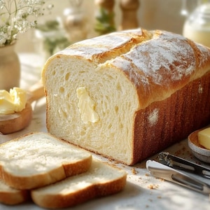 Puede incluir: Un pan recién horneado con una corteza dorada, espolvoreado con harina. Rebanadas de pan y una nuez de mantequilla están en primer plano. Un pequeño cuenco de madera con mantequilla y un tarro de leche están en el fondo.