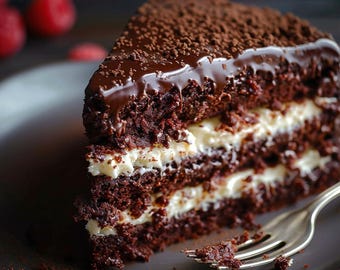 May include: A slice of chocolate cake with layers of white cream filling, topped with chocolate ganache and chocolate sprinkles. The cake sits on a dark plate with a fork.