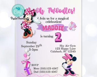 May include: A digital download invitation for a second birthday party. The design features Minnie Mouse illustrations, the text "Oh Twoodles!" and "Maddie is turning 2". Includes party details and RSVP information.