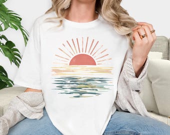 Vintage Sunset T-Shirt, Retro Sunrise Shirt, Boho Beachy Vibes Tee, Sunshine Shirt Gift For Women, Sun Rays Tee, Summer Vibes Shirt