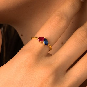 Gold Birthstone Ring, Two Stone Teardrop Ring, Custom Gemstone Ring for Women, Adjustable Gold Ring, Mother&#39;s Gift, Anniversary Jewelry,