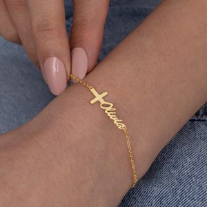 Personalized Cross Name Bracelet, Custom Gold Christian Jewelry, Dainty Religious Bracelet for Women, Baptism Gift, Faith Jewelry for Her