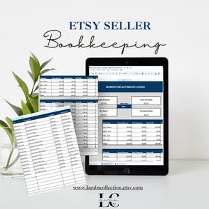May include: A digital tablet displays a spreadsheet titled Momentum Automated Ledger for Etsy seller bookkeeping. The screen shows financial tables for gross revenue, expenses, and net profit. Text at the top reads Etsy Seller Bookkeeping.