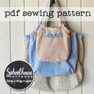 May include: A PDF sewing pattern for a tote bag with three layers of floral fabric. The bag is blue, pink, and yellow with a white background. The pattern is from Schoolhouse Patterns, and the text "Sewing is always in session" is included.
